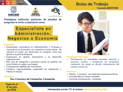 Oportunidad laboral para egresados de los programas académicos de Licenciatura en Economía y Licenciatura en Administración y Finanzas