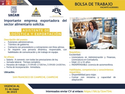 Oportunidad laboral para egresados de los Programas Académicos de Licenciatura en Administración y Finanzas, así como de Licenciatura en Contaduría.